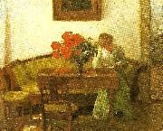 Anna Ancher valmuer pa et bord foran en lasende dame oil on canvas